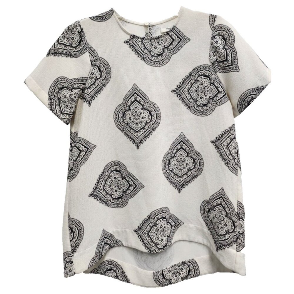 Madewell Womens Top Small Cream Black Crepe Mandala Print Short Sleeve‎ Preppy